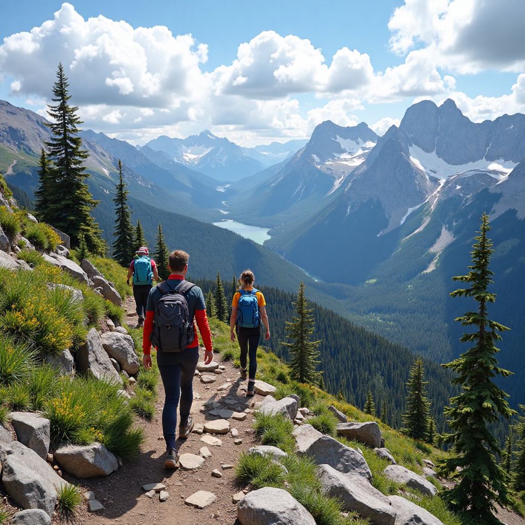 Group hiking expedition in Canadian Rockies