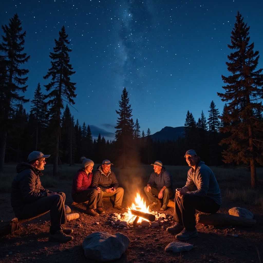 Campfire evening with team and clients