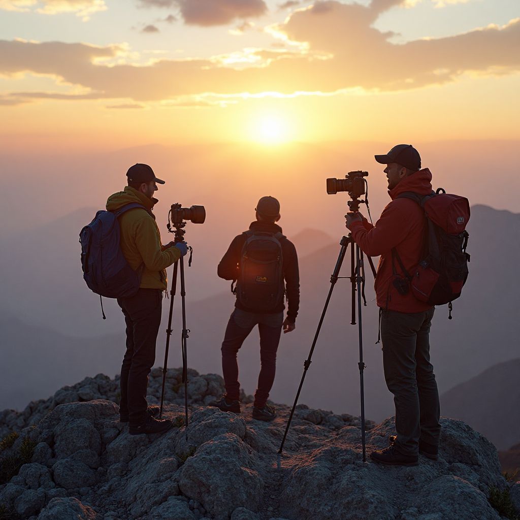 Adventure photographers on mountain peak